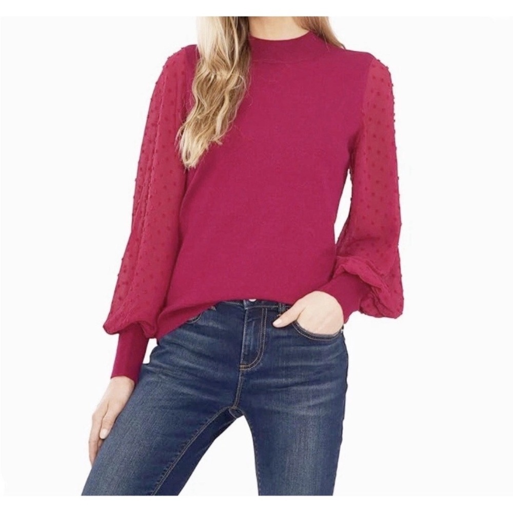 CeCe Lightweight Sweater with Sheer Textured Sleeves